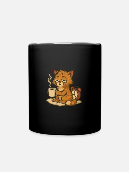 Morning grouch design – cat with coffee - Full Colour Mug - black