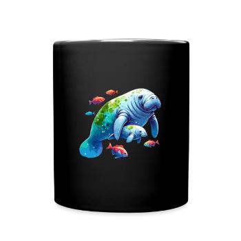 Seekuh mit Kalb und kleinen bunten Fischen - Tasse einfarbig - Schwarz - Vorne