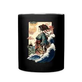 Geisha Aquarell Meer Wellen Asiatische Kunst Frau - Tasse einfarbig - Schwarz - Vorne