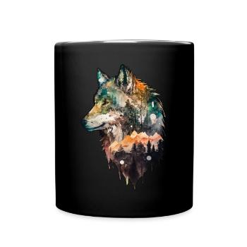 Wolf Aquarell Wald Waldtier Doppelbelichtung Tier - Tasse einfarbig - Schwarz - Vorne