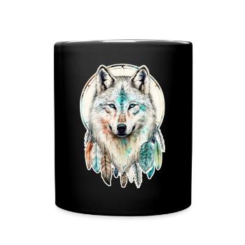 Wolf Aquarell Federn Indianer Wildtier Mandala - Tasse einfarbig - Schwarz - Vorne