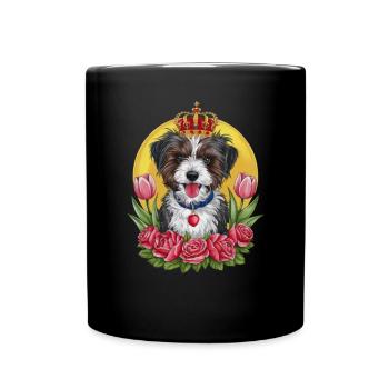 Süßer Löwchen Hund mit Blumen und Krone - Tasse einfarbig - Schwarz - Vorne