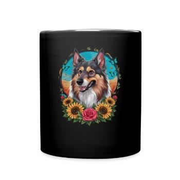 Norwegian Elkhound with Roses, Butterflies - Full Colour Mug - black - Front