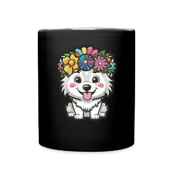 Samoyed Dog with Flower Crown - Full Colour Mug - black - Front