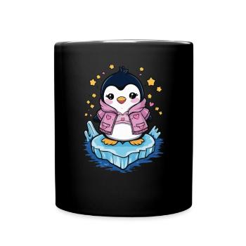 Cartoon Kawaii Pinguin mit Herzen und Sternen - Tasse einfarbig - Schwarz - Vorne