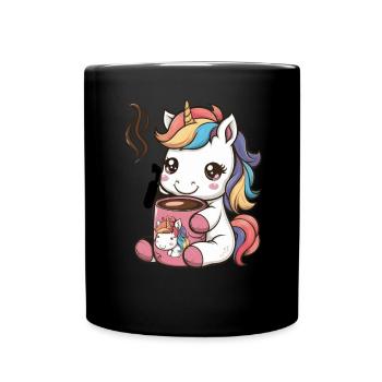 Kawaii unicorn drinking cocoa - Full Colour Mug - black - Front