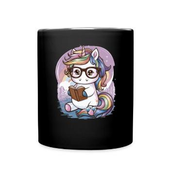 Kawaii Einhorn mit Brille und Buch - Tasse einfarbig - Schwarz - Vorne