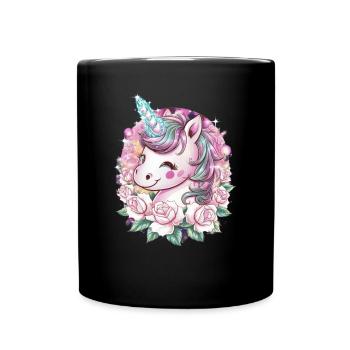 Licorne Kawaii avec des roses - Mug uni - noir - Devant