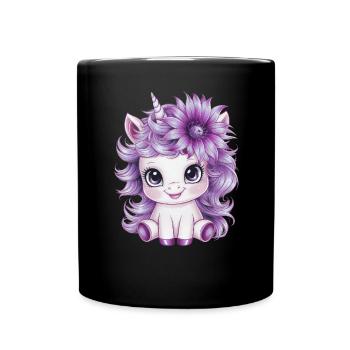 Licorne Kawaii aux fleurs violettes - Mug uni - noir - Devant