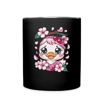 Duckling with cherries and sakura cherry blossoms - Full Colour Mug - black - Front