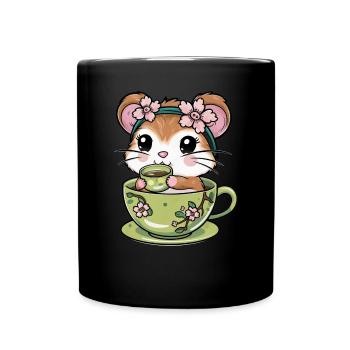 Hamster kawaii avec thé vert style dessin animé - Mug uni - noir - Devant