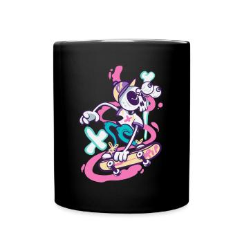 Skelettjunge auf coolem Skateboard Schädel - Tasse einfarbig - Schwarz - Vorne