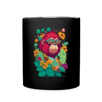 Gorille avec lunettes de soleil et illustration de fleurs - Mug uni - noir - Devant