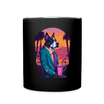 80's Illustration eines Hundes mit Kaffeetasse - Tasse einfarbig - Schwarz - Vorne