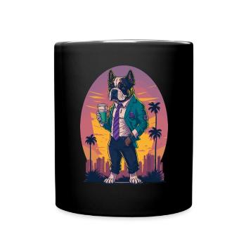 80's Illustration eines Hundes mit Kaffeetasse - Tasse einfarbig - Schwarz - Vorne