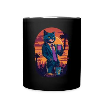 80's illustration of a cat with a coffee cup - Full Colour Mug - black - Front