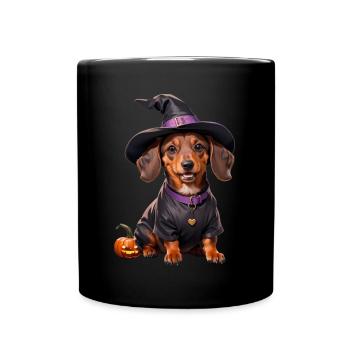 Dachshund Hexe mit Hexenhut Halloween Dackel - Tasse einfarbig - Schwarz - Vorne