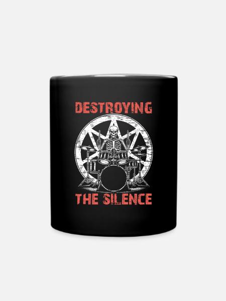 Drummer Skull skeleton on the drum set - Full Colour Mug - black