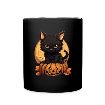 Halloween Black Cat with Pumpkin at Sunset - Full Colour Mug - black - Front