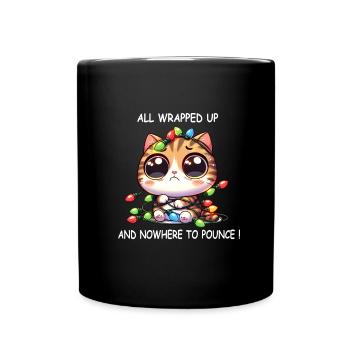 Cute Christmas cat tangled in fairy lights - Full Colour Mug - black - Front