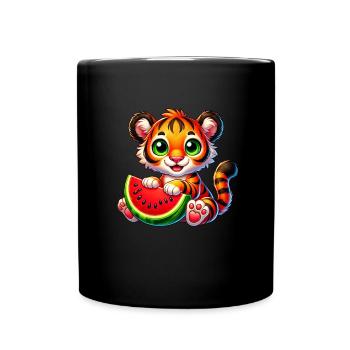 Tiger Katze mit Melone fruchtiger Sommer - Tasse einfarbig - Schwarz - Vorne