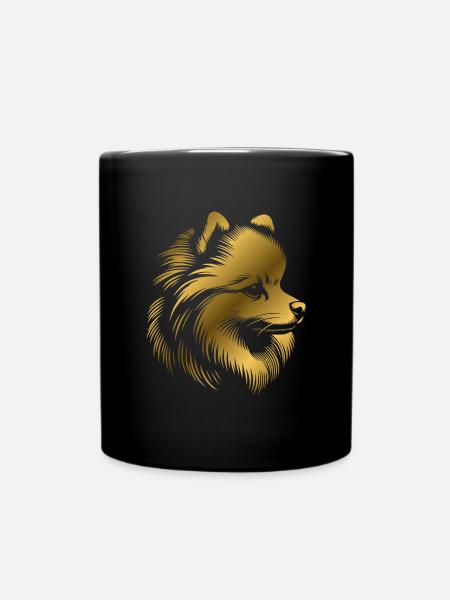 Pomeranian, Zwergspitz, Hundekopf, Zeichnung gold - Tasse einfarbig - Schwarz