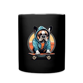 Boston Terrier Wearing a Hoodie on a Skateboard. - Full Colour Mug - black - Front