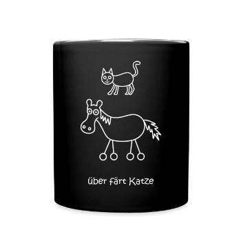 überfährt Katze, über färt Katze, Pferd auf Rädern - Tasse einfarbig - Schwarz - Vorne