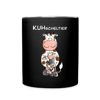 Kuh mit Kuscheltier I KUHscheltier Wortspiel - Tasse einfarbig - Schwarz - Vorne