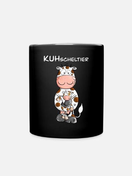 Kuh mit Kuscheltier I KUHscheltier Wortspiel - Tasse einfarbig - Schwarz