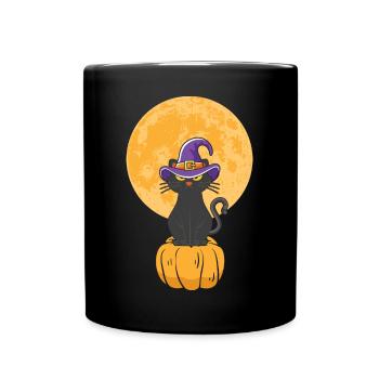 Halloween Katze Hexe - Tasse einfarbig - Schwarz - Vorne