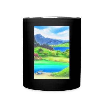 Landscape with lake, boat and mountains - Full Colour Mug - black - Front