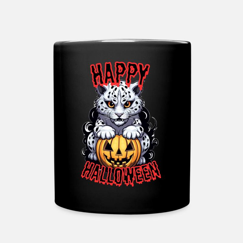 Cute Snow Leopard with Halloween Pumpkin - Full Colour Mug - black