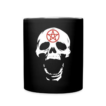 Weißer Totenkopf und rotes Pentagramm - Tasse einfarbig - Schwarz - Vorne