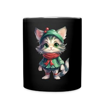 Katze Weihnachten Weihnachtselfe Geschenke Mütze - Tasse einfarbig - Schwarz - Vorne