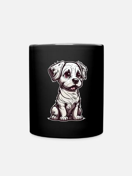 Sitzender niedlicher Baby Hund mit großen Augen - Tasse einfarbig - Schwarz
