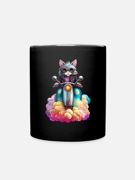 Cute biker cat on her vintage scooter - Full Colour Mug - black