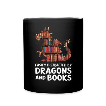 Fantasy-Drache und Bücherliebhaber - Tasse einfarbig - Schwarz - Vorne