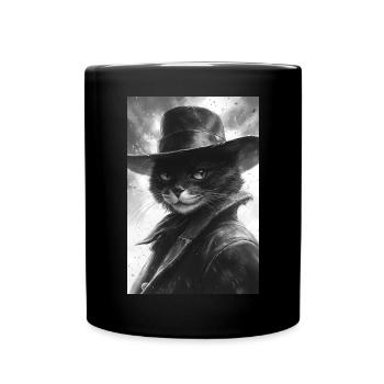 Schwarzweiß-Katze im Cowboylook - Tasse einfarbig - Schwarz - Vorne