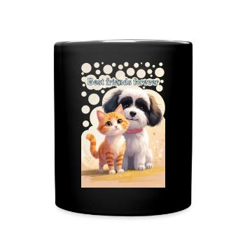 Hund und Katze Tierkinder Beste Freunde für immer - Tasse einfarbig - Schwarz - Vorne