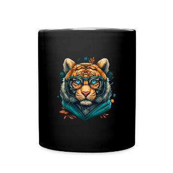 Tiger als Nerd mit Buch - Tasse einfarbig - Schwarz - Vorne
