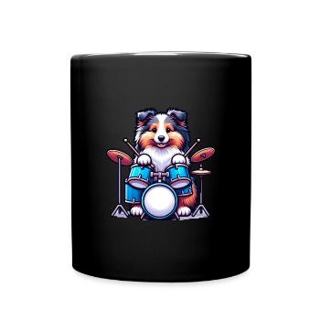 Cool Sheltie Drummer Puppy Design - Full Colour Mug - black - Front