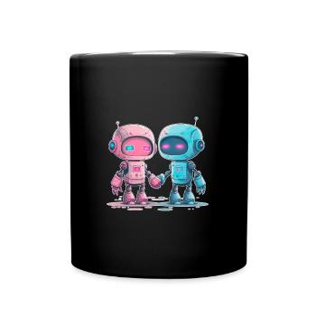 Cute robots hold hands Valentine's Day Love - Full Colour Mug - black - Front