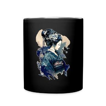 Geisha Aquarell Meer Wellen Asiatische Kunst Frau - Tasse einfarbig - Schwarz - Vorne
