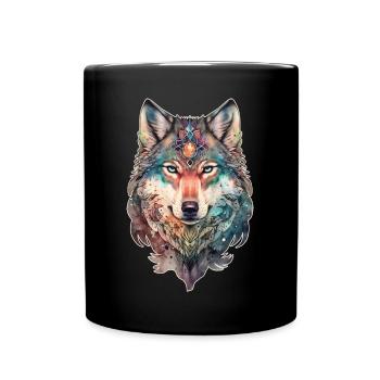 Wolf Aquarell Wald Waldtier Wildtier Mandala - Tasse einfarbig - Schwarz - Vorne