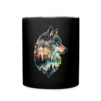 Wolf Doppelbelichtung Wald Natur wandern Wildnis - Tasse einfarbig - Schwarz - Vorne