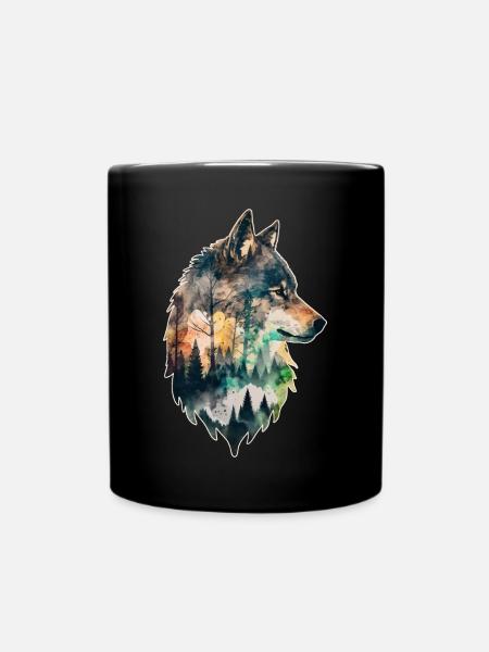 Wolf Doppelbelichtung Wald Natur wandern Wildnis - Tasse einfarbig - Schwarz