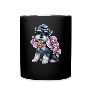 Cartoon Zwergschnauzer mit wundervollen Orchideen - Tasse einfarbig - Schwarz - Vorne