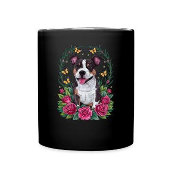 Dessin animé mignon Staffordshire bull terrier avec des roses - Mug uni - noir - Devant