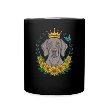 Weimaraner mit Krone und hübschen Rosen - Tasse einfarbig - Schwarz - Vorne